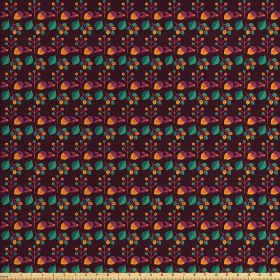 Abstract Fabric by the Yard, Seasonal Pattern with Leaves and Nuts Autumn Nature Themed Classical, Upholstery Fabric for Dining Chairs Home Decor Accents, Plum Jade Green Orange by Ambesonne