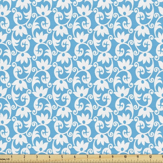 Ambesonne Abstract Fabric by the Yard Upholstery, Simplistic Floral Inspired, 2 Yards, Deep Sky Blue and White