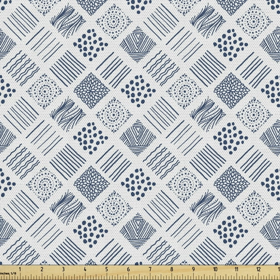 Ambesonne Indigo Fabric by the Yard Upholstery, Square Shaped Lines Dots, 5 Yards, Indigo