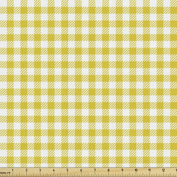 Abstract Fabric by the Yard, Tartan Pattern with 2 Colored Little Symmetric Squares Summer Themed Art Image, Decorative Upholstery Fabric for Sofas and Home Accents, 1 Yard, Yellow White by Ambesonne