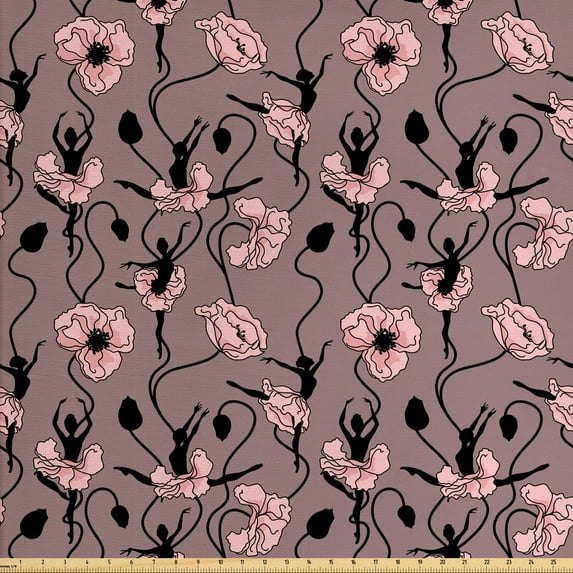 Ambesonne Abstract Fabric by the Yard Upholstery, Dancers and Flowers, 5 Yards, Rose Black Dried Rose
