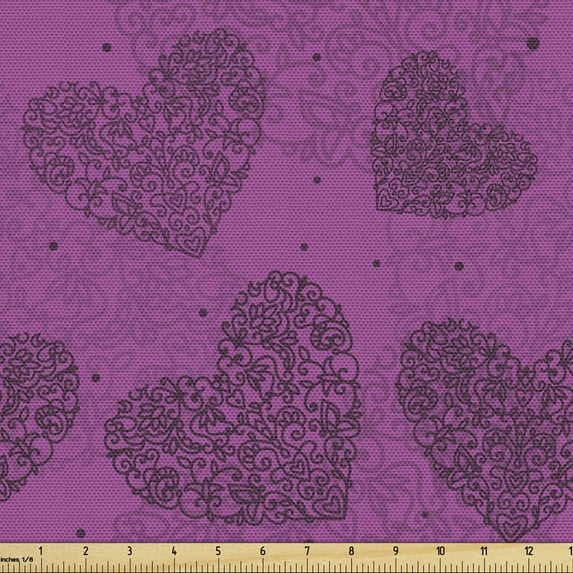 Ambesonne Abstract Fabric by the Yard Upholstery, Hearts Floral Elements, 10 Yards, Dark Magenta