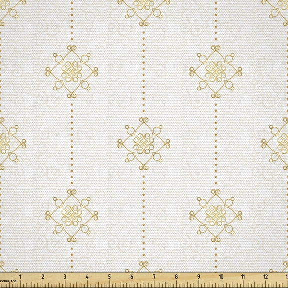 Abstract Fabric by the Yard Upholstery, Horizontal Ornates Eastern Style Vintage Pattern, Decorative Fabric for DIY and Home Accents, Off White Camel by Ambesonne