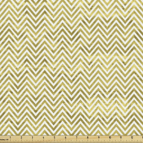 Abstract Fabric by the Yard Upholstery, Zigzag Stripes Chevron Classic Geometric Horizontal Lines Art Design, Decorative Fabric for DIY and Home Accents, Dark Yellow and White by Ambesonne