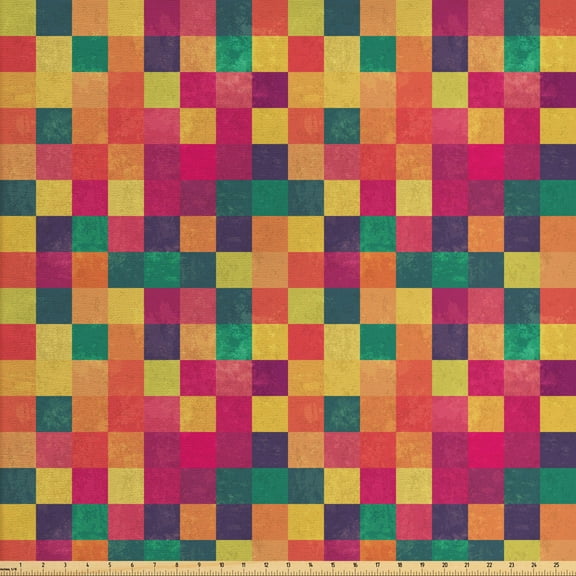 Abstract Fabric by the Yard, Vintage Geometric Style Pattern with Colorful Grunge Design Squares Graphic, Decorative Upholstery Fabric for Sofas and Home Accents, 5 Yards, Multicolour by Ambesonne