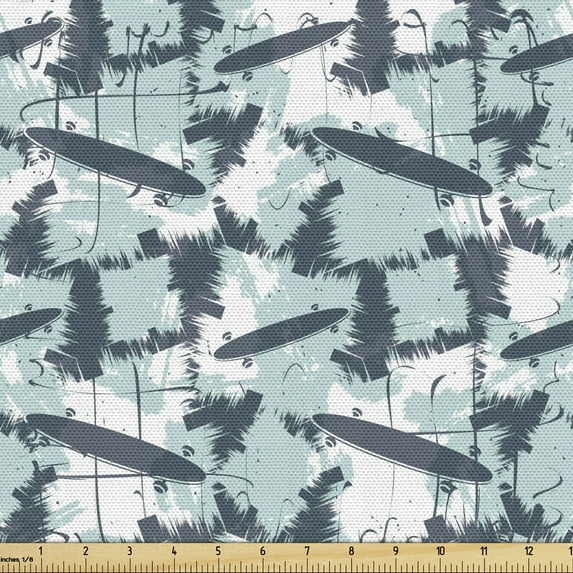 Abstract Fabric by the Yard, Youth Grunge Style Skateboards and Murky Abstract Graffiti Backdrop, Decorative Upholstery Fabric for Chairs & Home Accents, Pale Blue and Purpleblue by Ambesonne