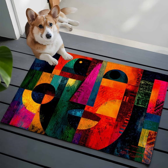 Abstract Face 2x3 Area Rugs for Living Room, Colorful Boho Modern Geometric Splicing Non Slip Floor Mat Washable Low-Profile Indoor Carpet for Bedroom, Dining Room, Bathroom