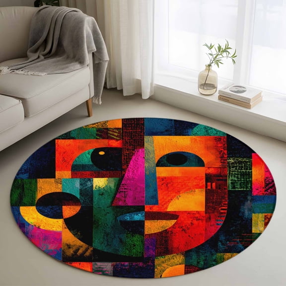 Abstract Face 3FT Round Area Rug Colorful Boho Modern Geometric Splicing Soft Small Round Rugs Non-Slip, Ultra-Thin Washable Rug Low Pile Circle Carpet for Bedroom Kitchen Nursery