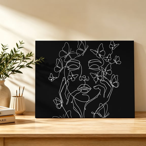 Abstract Face Canvas Wall Art, White Lines Women Face Floral Butterfly Silhouette Black Wall Art Prints Artwork Framed Canvas Ready to Hang Art Pictures for Bathroom Bedroom Entry Desk Corner 10"x8"