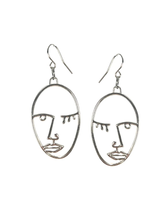 Abstract Face Earrings for Women, Wire Picasso Dangle Earrings, Hollow Silhouette Drop Earrings, Birthday Christmas Gift for Her, Silver, 1 pair