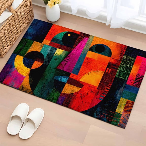 Abstract Face Entryway Rug 2'x3' Colorful Boho Modern Geometric Splicing Small Area Rug Non-Slip Front Door Mat Washable Floor Carpet for Indoor Entrance Kitchen Bathroom