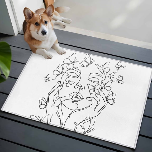 Abstract Face Front Door Rugs 2x3 ft Black Lines Women Face Floral Butterfly Silhouette Art Small Rug for Entryway Non Slip Washable Bathroom Door Mat Absorbent Floor Mat for Indoor Entrance