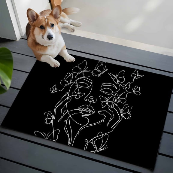Abstract Face Front Door Rugs 2x3 ft White Lines Women Face Floral Butterfly Silhouette Black Small Rug for Entryway Non Slip Washable Bathroom Door Mat Absorbent Floor Mat for Indoor Entrance