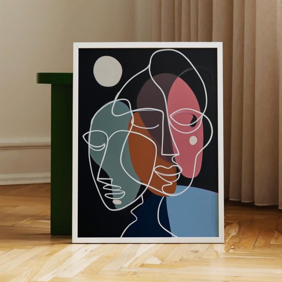 Abstract Face Line Art, Black Background Wall Art