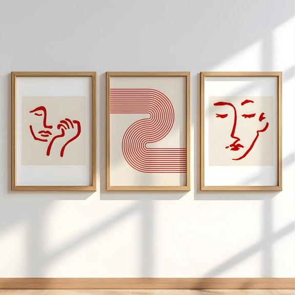 Abstract Face Line Art Red Wavy Lines Print Wall Art Modern Minimalist Home Decor, Stretched Canvas