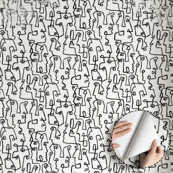 Abstract Face Line Art Wallpaper, Minimalist Aesthetic Modern, Self adhesive and removable, waterproof, Wall Decoration for Living Room, Bedroom, Kitchen Cabinet, Drawer, 17.7 * 118 in