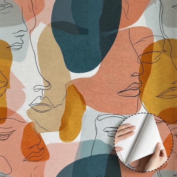Abstract Face Line Art Wallpaper Modern Minimalist Aesthetic Peel and Stick Wallpaper Waterproof Wall Decoration for Living Room Bedroom Dorm Room Kitchen Cabinet 17.7 * 118 in