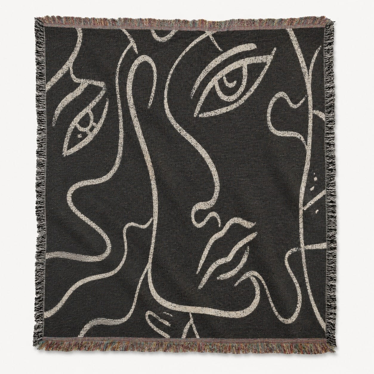 Abstract Face Line Art Woven Cotton Throw Blanket with Fri…