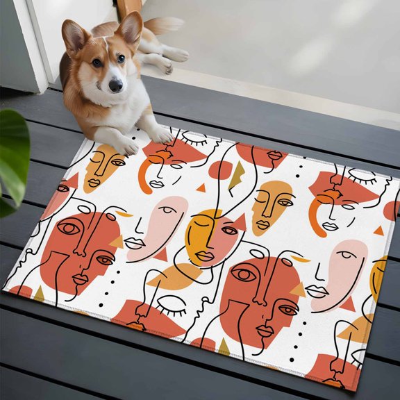 Abstract Face Painting 2x3 Area Rugs for Living Room, Orange Yellow Boho Portraits Geometric Non Slip Floor Mat Washable Low-Profile Indoor Carpet for Bedroom, Dining Room, Bathroom