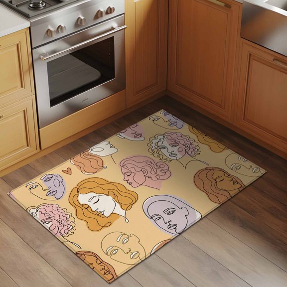 Abstract Face Painting 2x3 Rug for Entryway Front Door Kitchen Sink Area, Boho Yellow Portraits Minimalist Line Low Pile Washable Non Slip Rectangle Area Rug