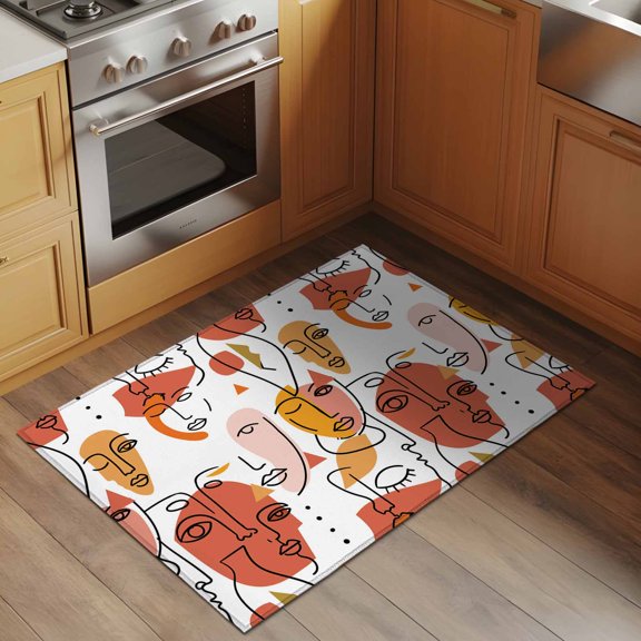 Abstract Face Painting 2x3 Rug for Entryway Front Door Kitchen Sink Area, Orange Yellow Boho Portraits Geometric Low Pile Washable Non Slip Rectangle Area Rug
