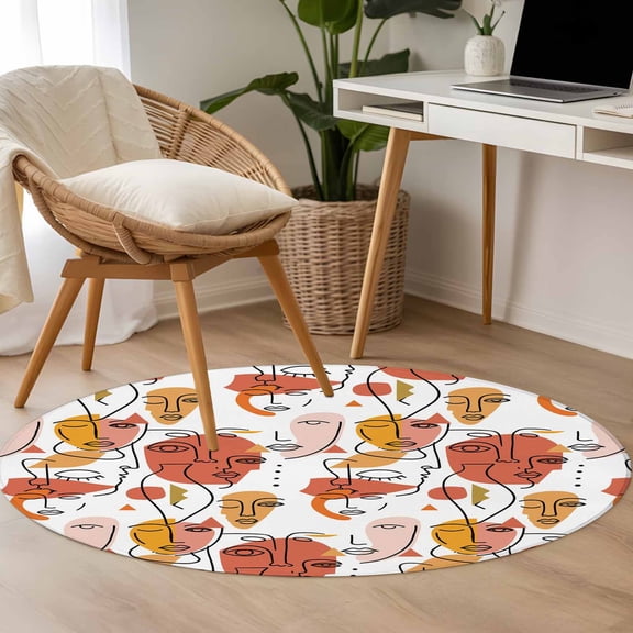 Abstract Face Painting 3.3ft Round Rug for Bedroom Reading Corner, Orange Yellow Boho Portraits Geometric Washable Non Slip Circle Area Rug