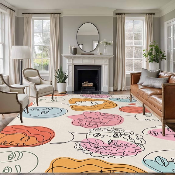 Abstract Face Painting 5x7 Rug for Living Room Sofa and Coffee Table Layout, Boho Pink Portraits Minimalist Line Washable Non Slip Rectangle Area Rug