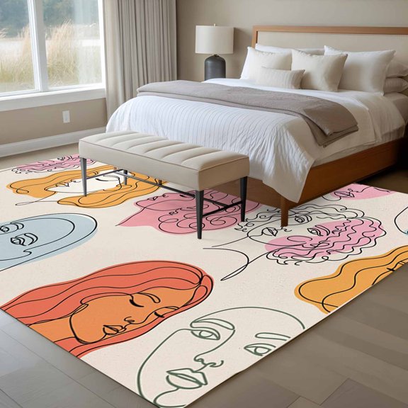 Abstract Face Painting 6x9 Rug for Dining Room Table and Chair Setup, Boho Pink Portraits Minimalist Line Low Pile Washable Non Slip Rectangle Area Rug