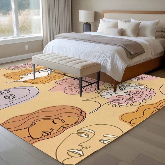 Abstract Face Painting 6x9 Rug for Dining Room Table and Chair Setup, Boho Yellow Portraits Minimalist Line Low Pile Washable Non Slip Rectangle Area Rug