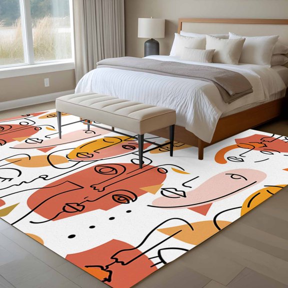 Abstract Face Painting 6x9 Rug for Dining Room Table and Chair Setup, Orange Yellow Boho Portraits Geometric Low Pile Washable Non Slip Rectangle Area Rug