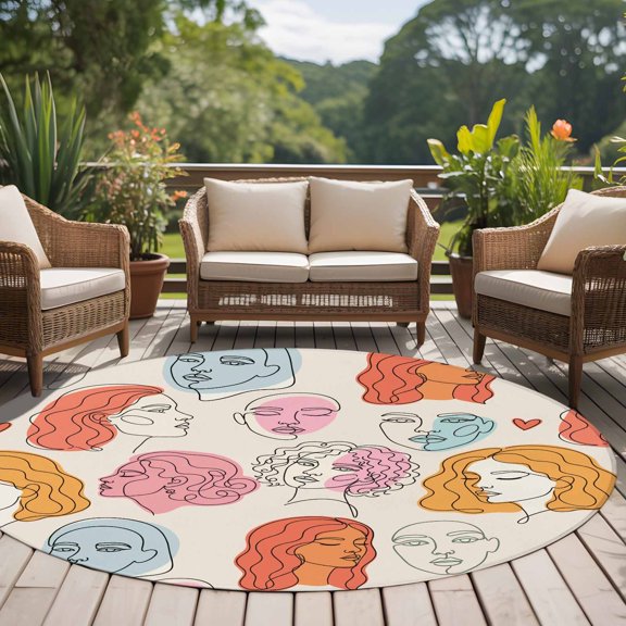 Abstract Face Painting 8ft Round Rug for Open Concept Living Room Seating Zone, Boho Pink Portraits Minimalist Line Washable Non Slip Large Circle Area Rug