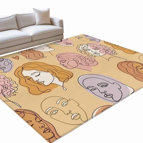 Abstract Face Painting Area Rugs 6x9ft Boho Yellow Portraits Minimalist Line Floor Rug Non Slip Low Pile Ultra Soft Throw Carpet for Entryway Indoor Entrance Kitchen Bathroom