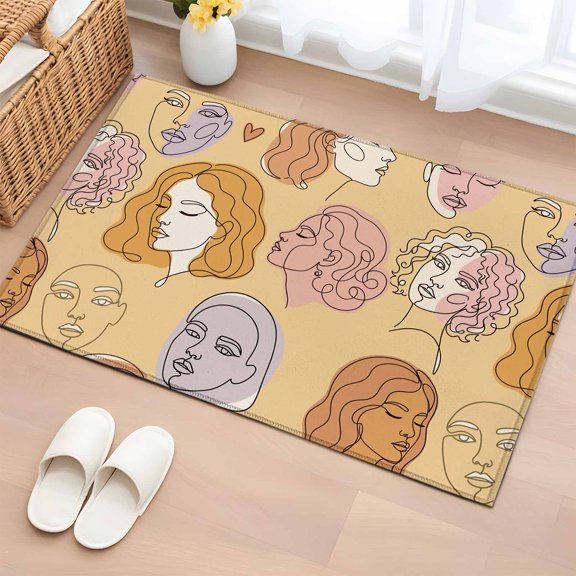 Abstract Face Painting Entryway Rug 2'x3' Boho Yellow Portraits Minimalist Line Small Area Rug Non-Slip Front Door Mat Washable Floor Carpet for Indoor Entrance Kitchen Bathroom