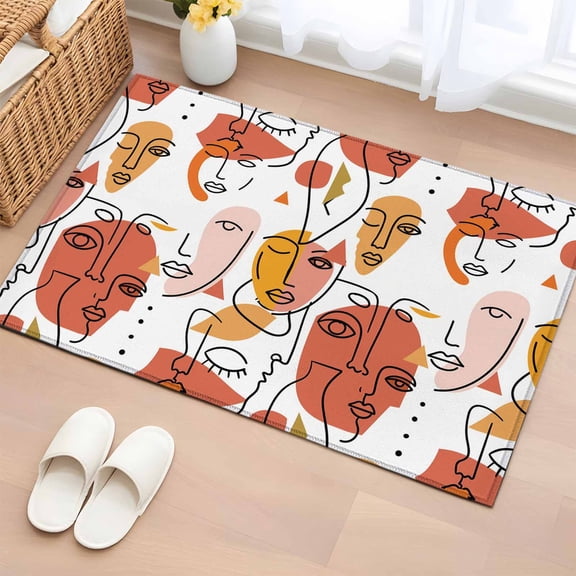 Abstract Face Painting Entryway Rug 2'x3' Orange Yellow Boho Portraits Geometric Small Area Rug Non-Slip Front Door Mat Washable Floor Carpet for Indoor Entrance Kitchen Bathroom