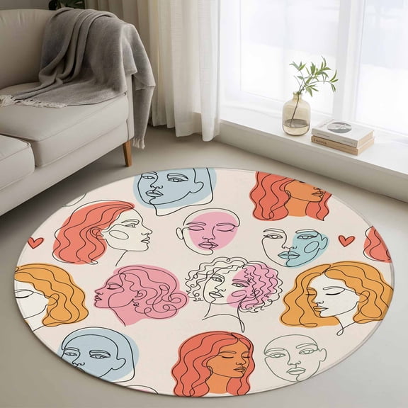 Abstract Face Painting Round Rugs for Living Room 3ft Boho Pink Portraits Minimalist Line Non Slip Circle Rug Washable Low-Profile Indoor Carpet for Bedroom, Dining Room, Bathroom
