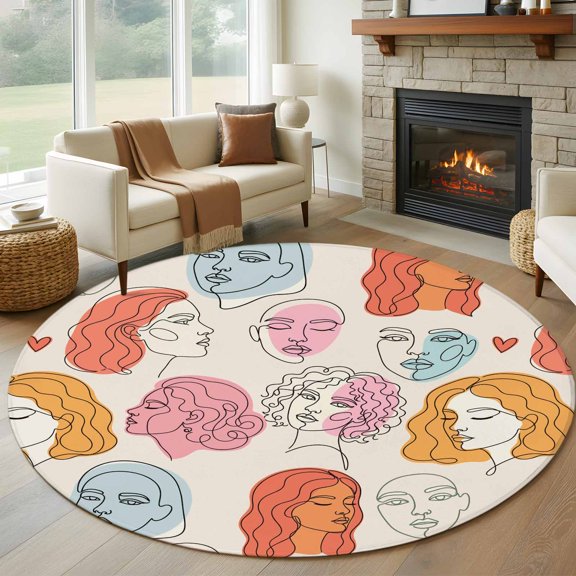 Abstract Face Painting Round Rugs for Living Room 7ft Boho Pink Portraits Minimalist Line Non Slip Circle Rug Washable Low-Profile Indoor Carpet for Bedroom, Dining Room, Bathroom