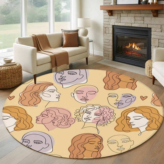 Abstract Face Painting Round Rugs for Living Room 7ft Boho Yellow Portraits Minimalist Line Non Slip Circle Rug Washable Low-Profile Indoor Carpet for Bedroom, Dining Room, Bathroom