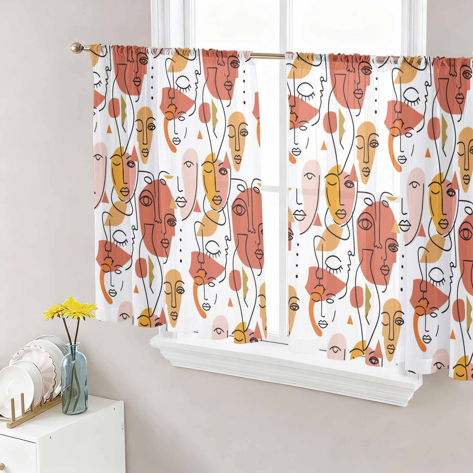 Abstract Face Painting Sheer Curtains for Living Room Bedroom, Orange ...