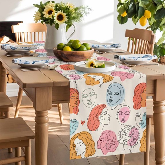 Abstract Face Painting Table Runner, Boho Pink Portraits Minimalist Line Washable Kitchen Table Runners Dress Scarves for Dining Table Decorations Party/Restaurant/Indoor Outdoor Use, 13x36in
