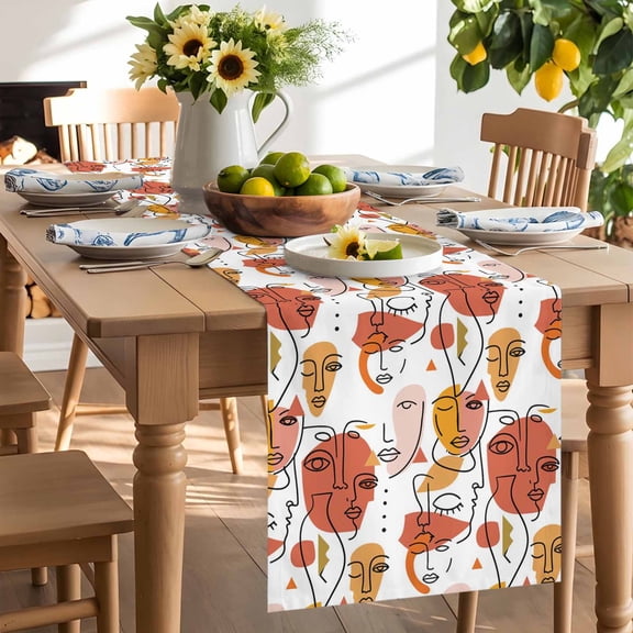 Abstract Face Painting Table Runner, Orange Yellow Boho Portraits Geometric Washable Kitchen Table Runners Dress Scarves for Dining Table Decorations Party/Restaurant/Indoor Outdoor Use, 13x36in