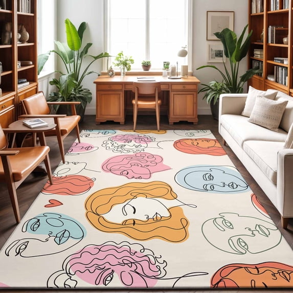 Abstract Face Painting Washable Area Rug 4 x 6 ft Boho Pink Portraits ...