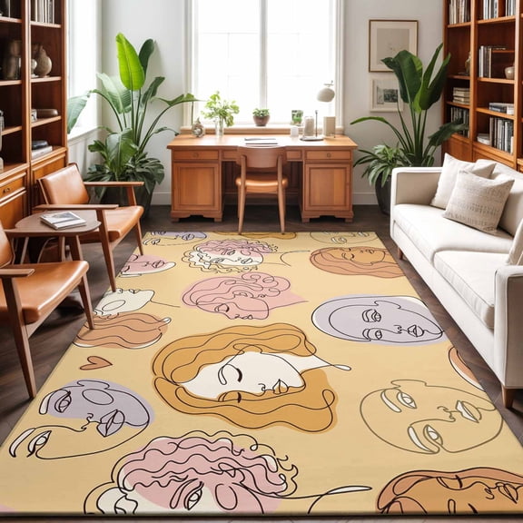 Abstract Face Painting Washable Area Rug 9 x 12 ft Boho Yellow Portraits Minimalist Line, Soft Non Slip Rugs Stain Repellent Indoor Felt Carpet for Living Dining Room Bedroom Home Office