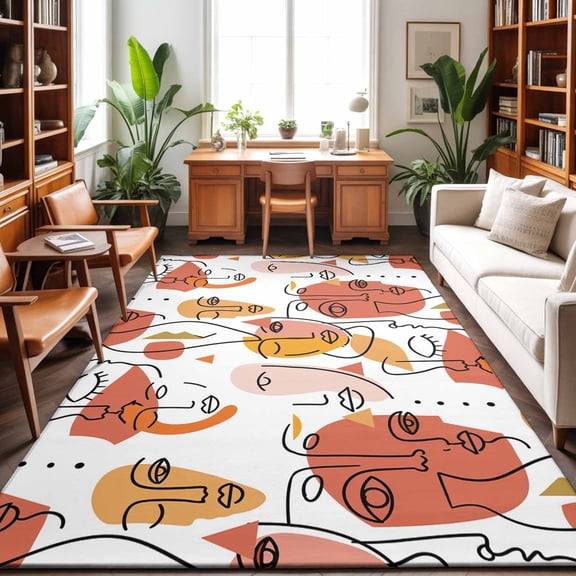 Abstract Face Painting Washable Area Rug 9 x 12 ft Orange Yellow Boho Portraits Geometric, Soft Non Slip Rugs Stain Repellent Indoor Felt Carpet for Living Dining Room Bedroom Home Office