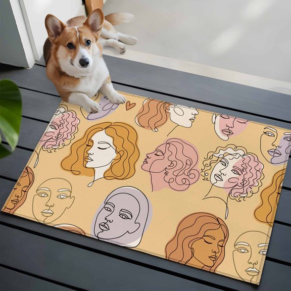 Abstract Face Painting Washable Entry Rug 2x3 Boho Yellow Portraits Minimalist Line Low Pile Indoor Door Mat with Rubber Backing Thin Area Rug for for Entrance, Bedroom, Kitchen, Laundry, Bathroom
