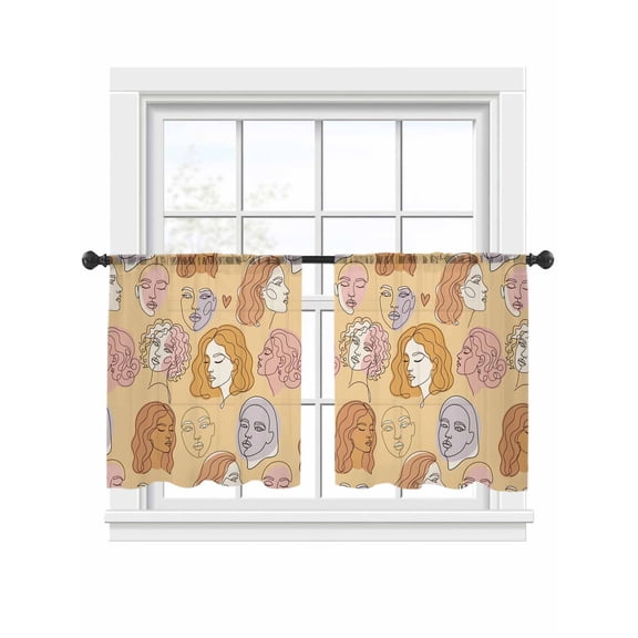 Abstract Face Painting Window Sheer Curtain Boho Yellow Portraits Minimalist Line Semi Curtain Sheers Light Filtering Rod Pocket Voile Drapes for Bedroom Kitchen Living Room 52 X 54 Inch, 2 Panels