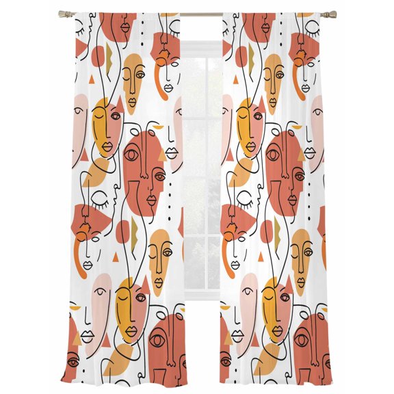 Abstract Face Painting Window Sheer Curtain Orange Yellow Boho Portraits Geometric Semi Curtain Sheers Light Filtering Rod Pocket Voile Drapes for Bedroom Kitchen Living Room 52 X 108 Inch, 2 Panels