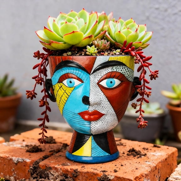 Abstract Face Planter Pot with Drainage Hole – Hand-Painted Picasso Style Head Flower Pot, Rainbow Face Planter for Indoor Outdoor Plants, Modern Garden & Home Décor Accent