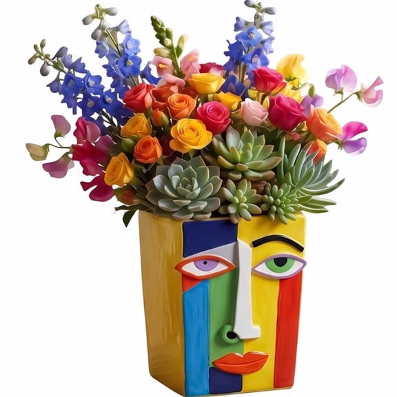 Abstract Face Planter Pot, Hand-Painted Colorful Flower Pots with Drainage Resin Artistic Unique Head Planter For Indoor Plants, Funny Face Flower Pot, Cool Head Planter For Succulents Cactus