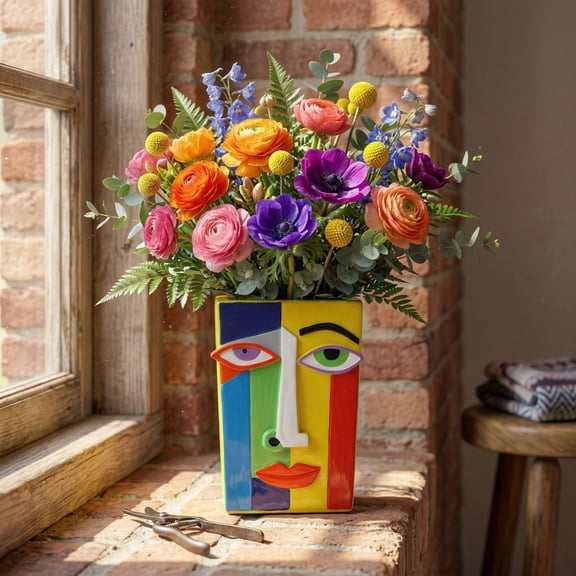 Abstract Face Resin Planter Sculptural Head Bust Flower Pot Succulent Container Weather Resistant Resin Garden Patio Balcony Home Living Room Desk Shelf Decor Artistic Gift Ornament Display