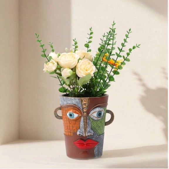 Abstract Face Resin Planter Sculptural Head Bust Flower Pot Succulent Container Weather Resistant Resin Garden Patio Balcony Home Living Room Desk Shelf Decor Artistic Gift Ornament Display